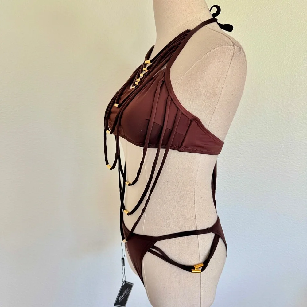 🌞 Brown Strappy Rope Gold Metal Detail Bikini Swimsuit Set
